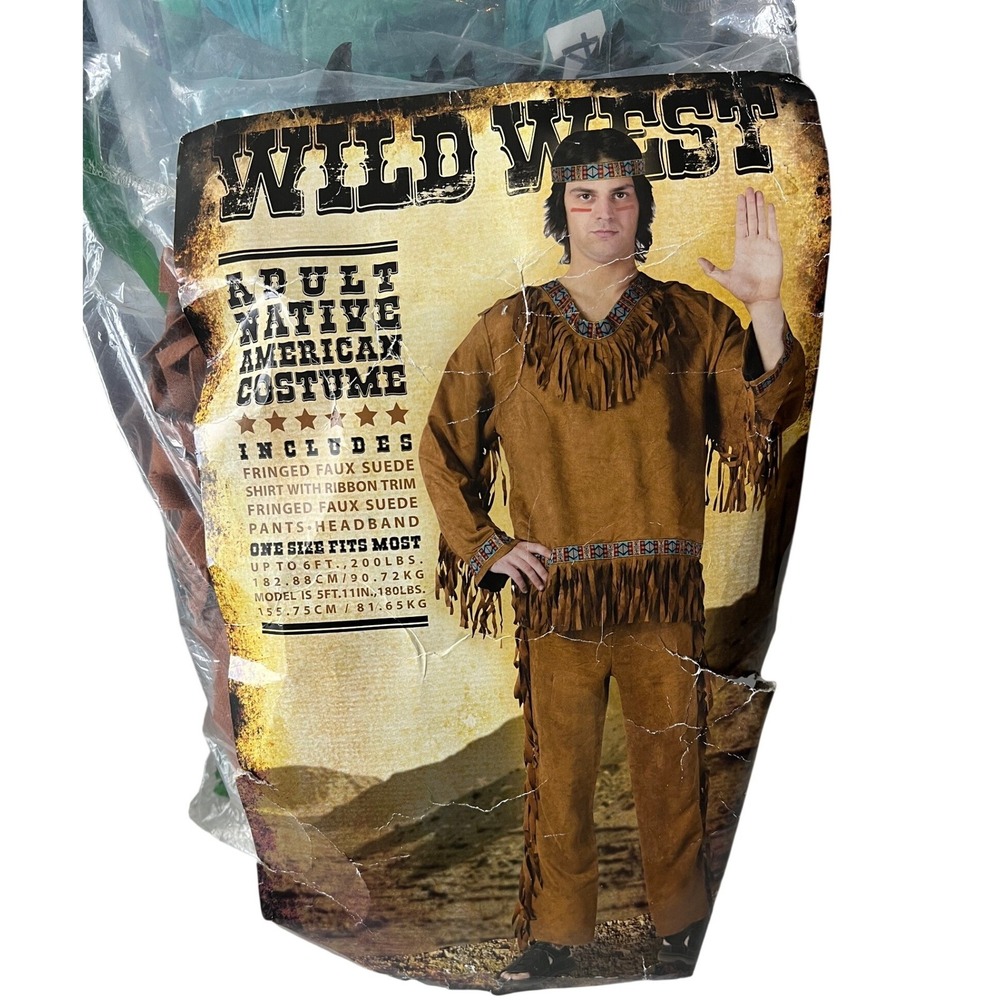 Wild West Mens Adult Native American Costume Brown Faux Suede One Size +Headress